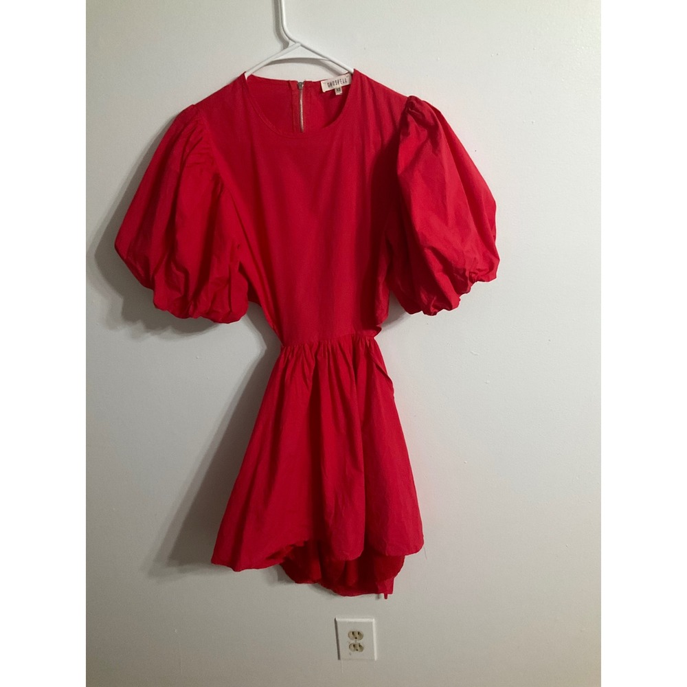 Ghospell Red Puff Sleeve Cut Out Back Mini Dress DRG614RED XS